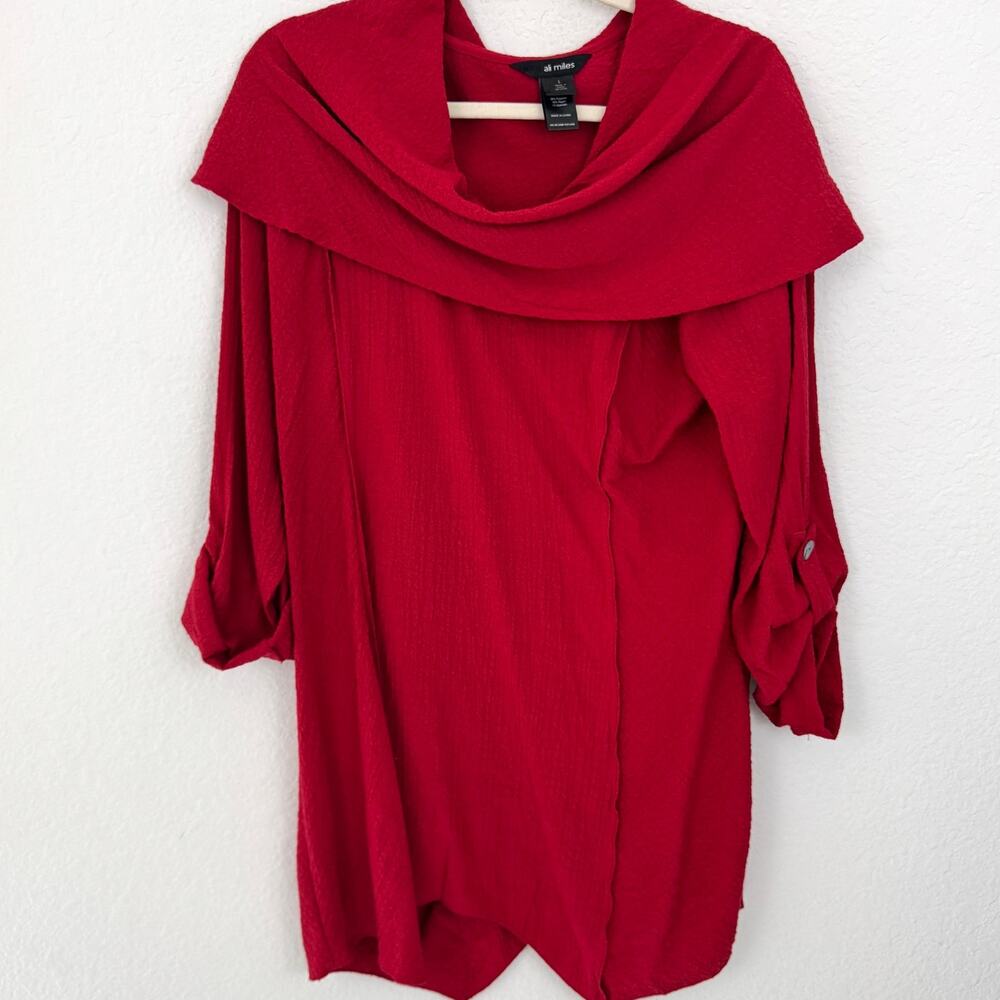 Ali Miles Womens Tunic Top Blouse Size L Lagenlook Artsy Flowy Roll Tab Red